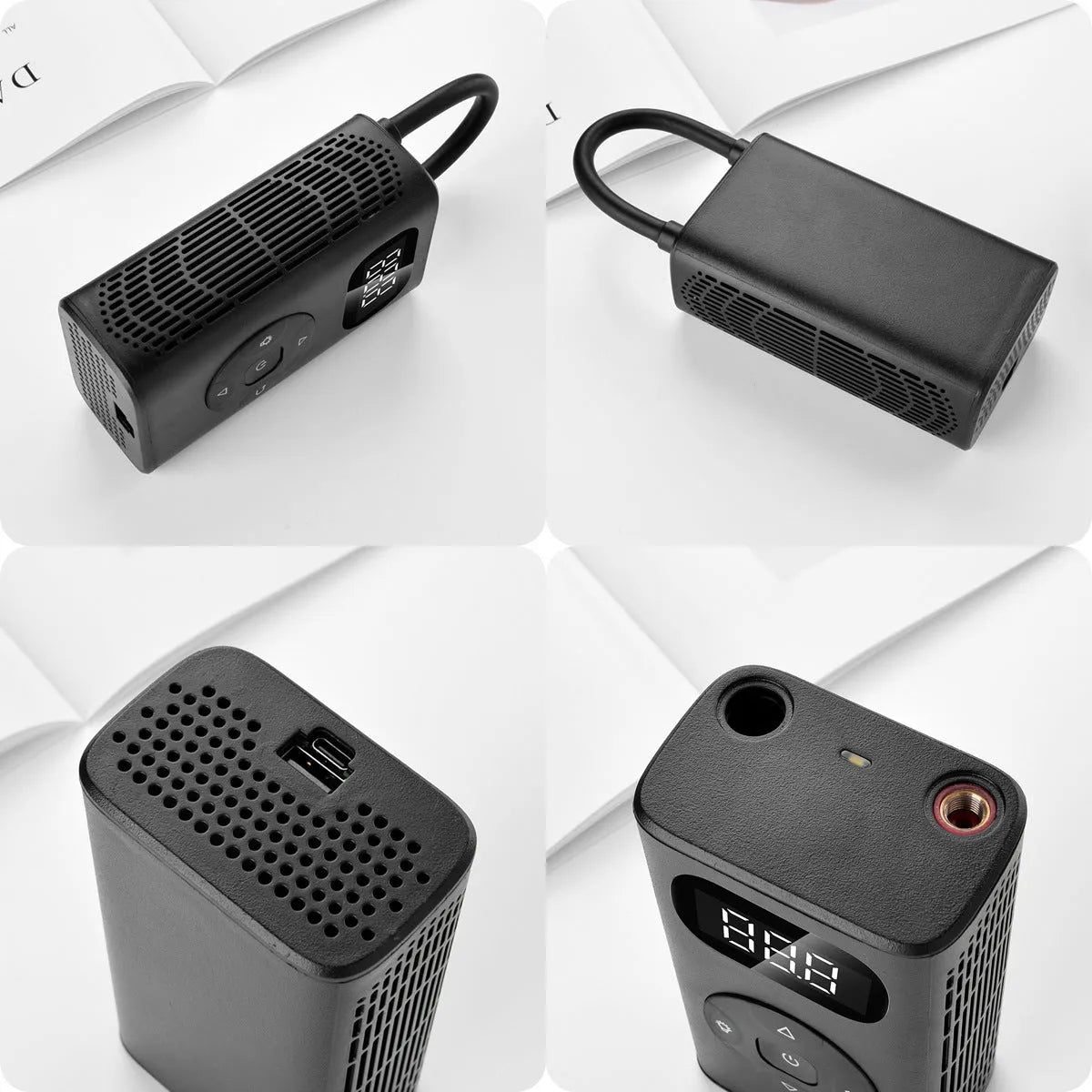 Black M09X portable power bank tyre inflator with digital display and 16cm air hose on a dark background.