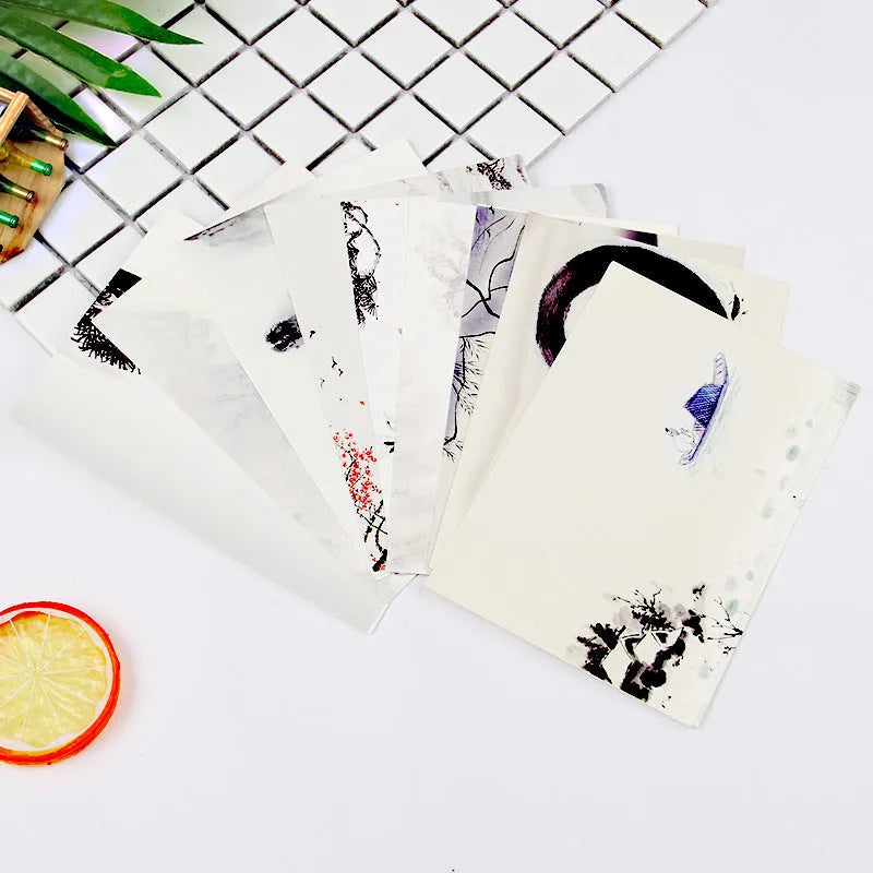 Nine Japanese-style postcards showing historic sites in cartoon minimalist illustration style