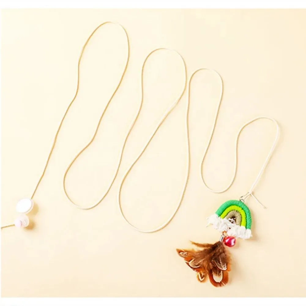 Feather cat rope door hanging toy with elastic swing and sticky buckle clamp in blue, green, or pink
