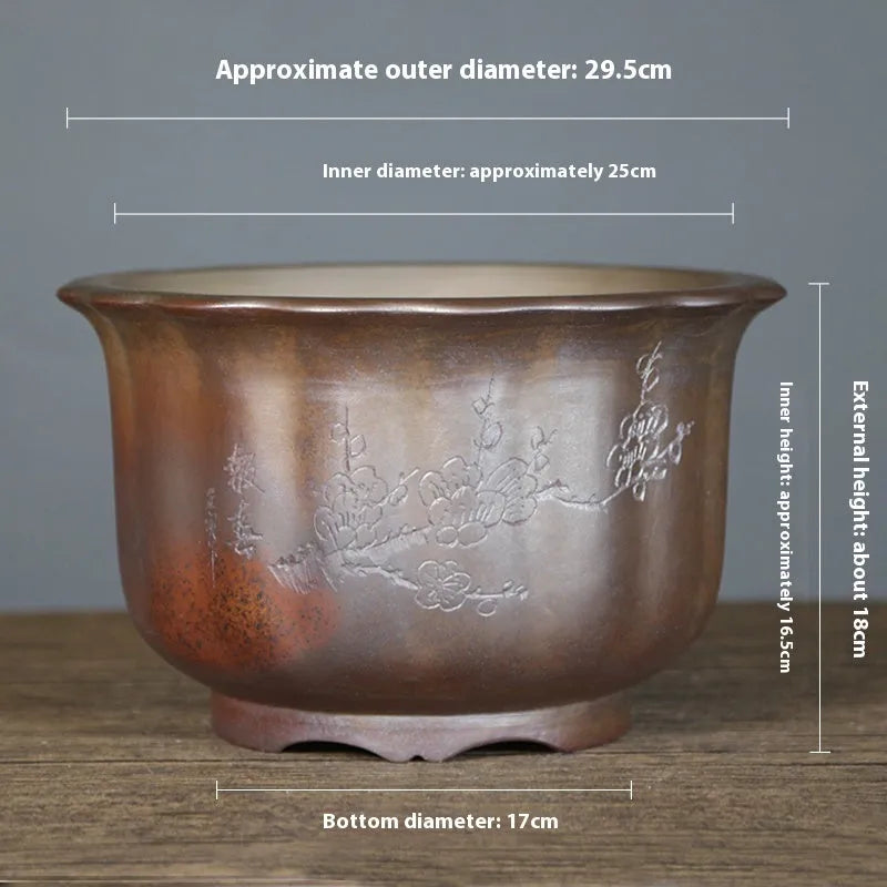 Purple sand ceramic flower pot with antique carved design for indoor bonsai plants