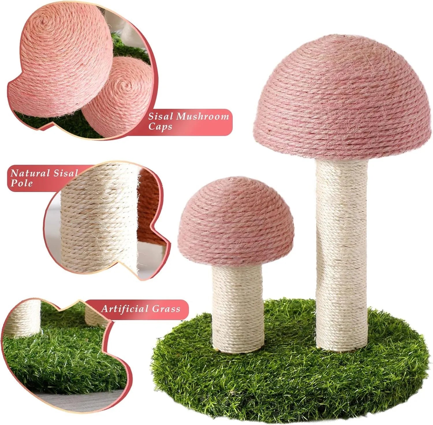 Pink mushroom-shaped cat scratching post with natural sisal scratching surfaces