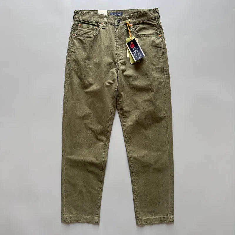 Men's straight leg casual cotton trousers in grey, army green, and khaki colours on a mid waist.