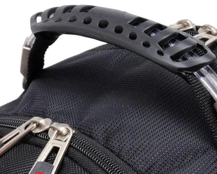 Black business computer backpack with multiple compartments open, showing laptop sleeve and organiser pockets.