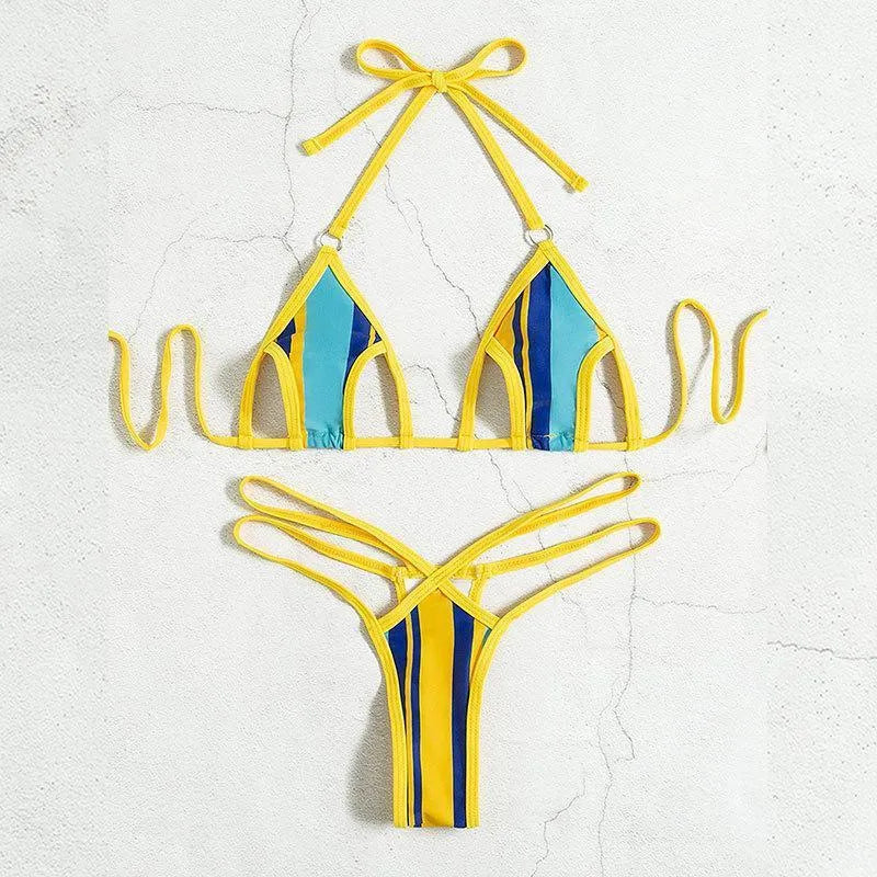 Yellow women's split swimsuit with hollow neck-hanging style and high waist design