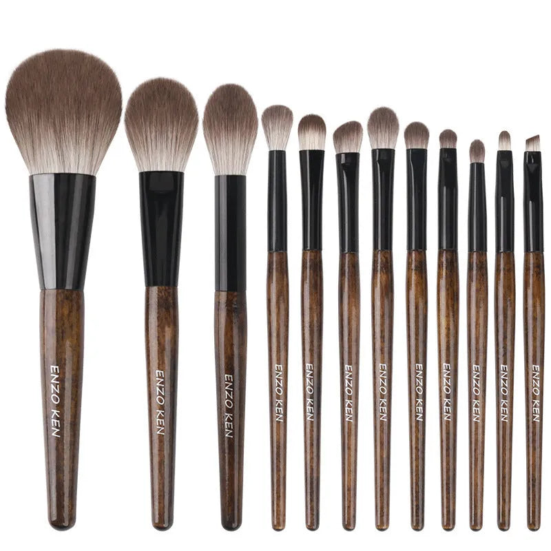 12-piece makeup brush set in PU roll case with wooden handles