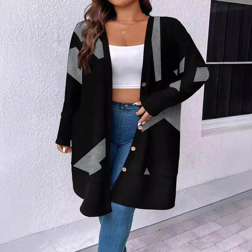 Black plus size knitwear coat with button stitching detail and regular sleeves