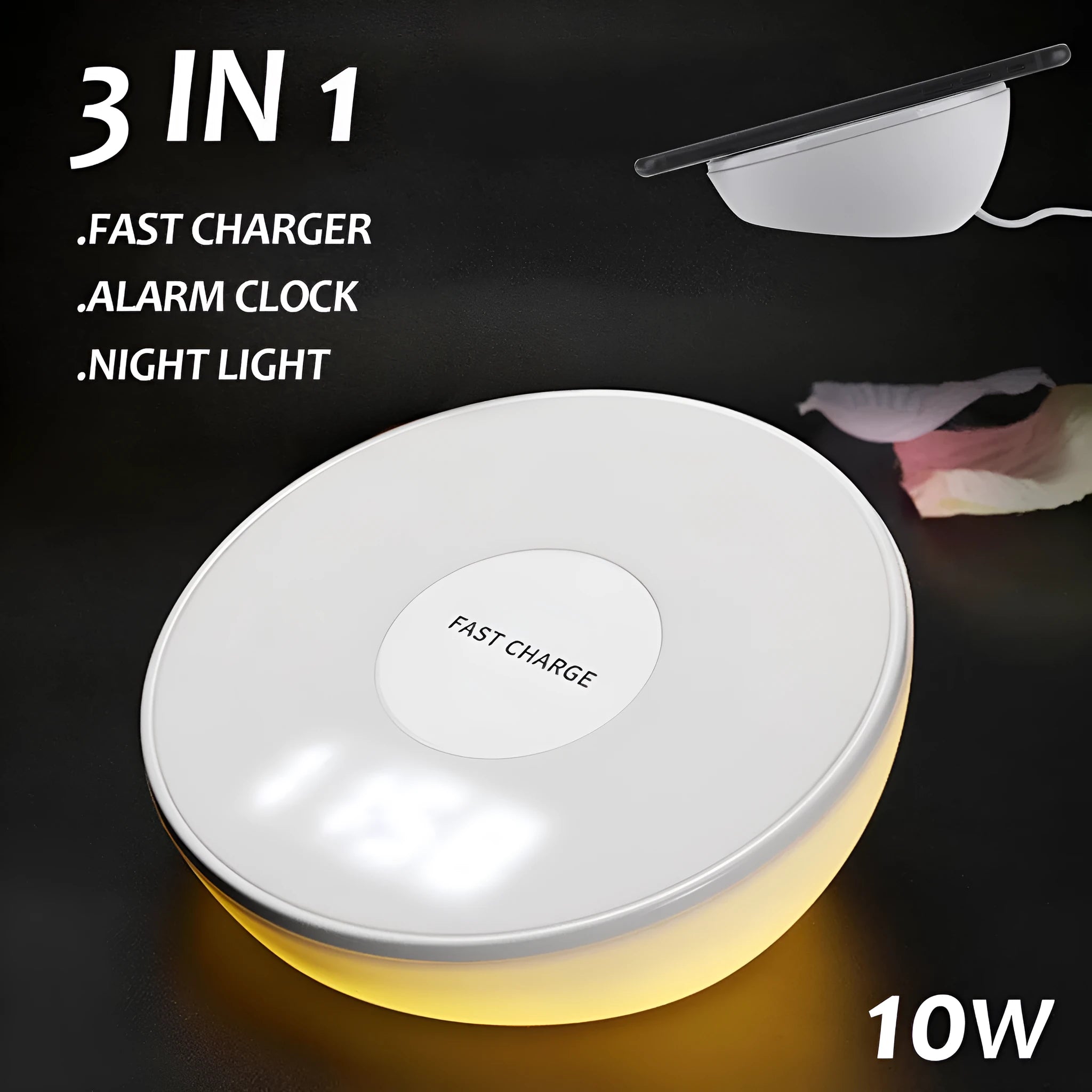 White QI wireless phone charger with digital clock display and three control buttons.