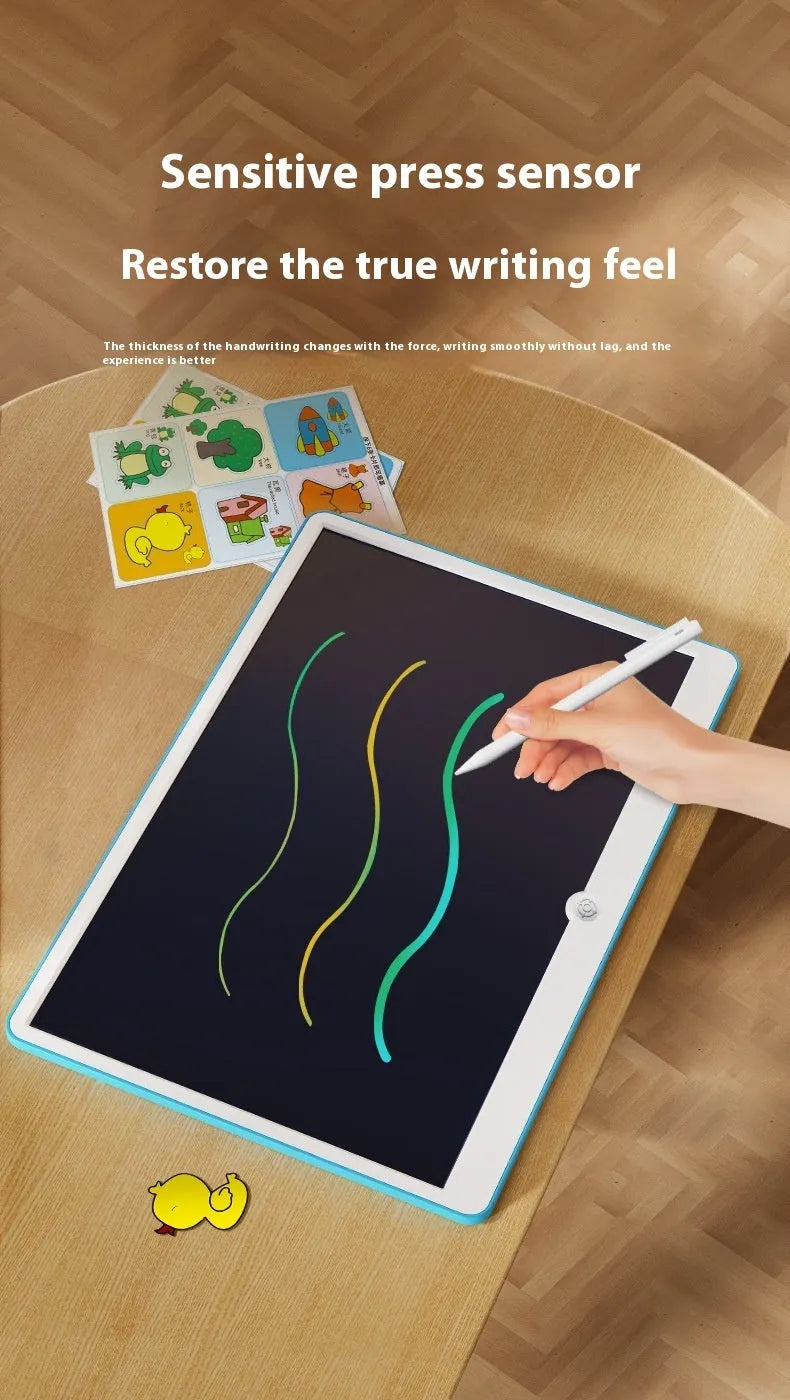 19-inch rechargeable LCD children's drawing board shown in blue and white colour scheme on a table.