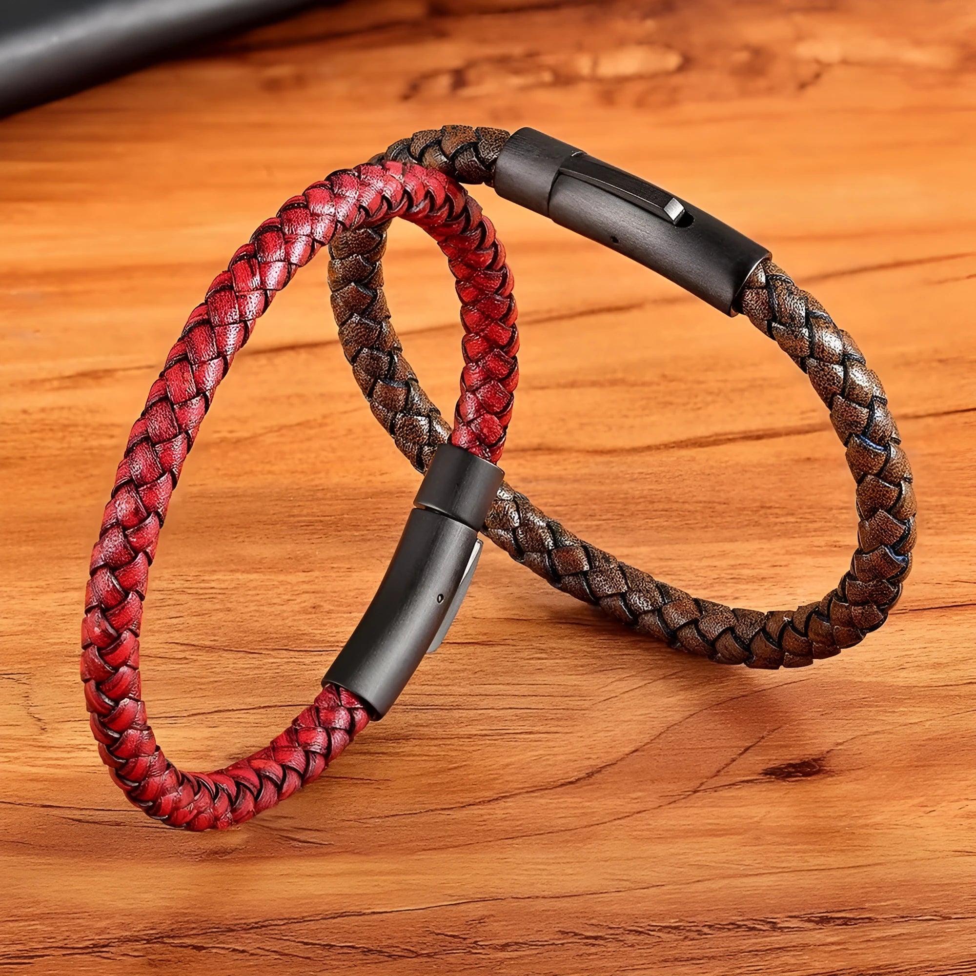 Black stainless steel bracelet with natural zircon stone on neutral background