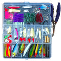 132-piece fishing lure set in rose red treasure colour with plastic baits and steel hooks