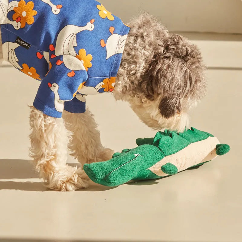 Green plush toy dog interactive pet companion measuring 35cm by 18cm