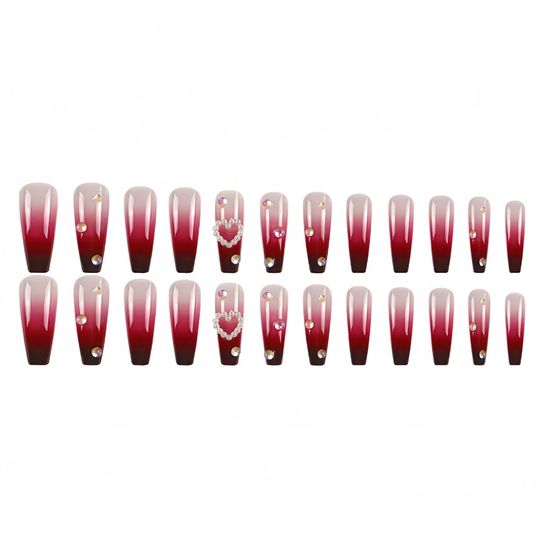 Set of long wine red gradient fake nail tips with pearl and heart design on a plaid pattern, shown with jelly glue and rubbing clause.