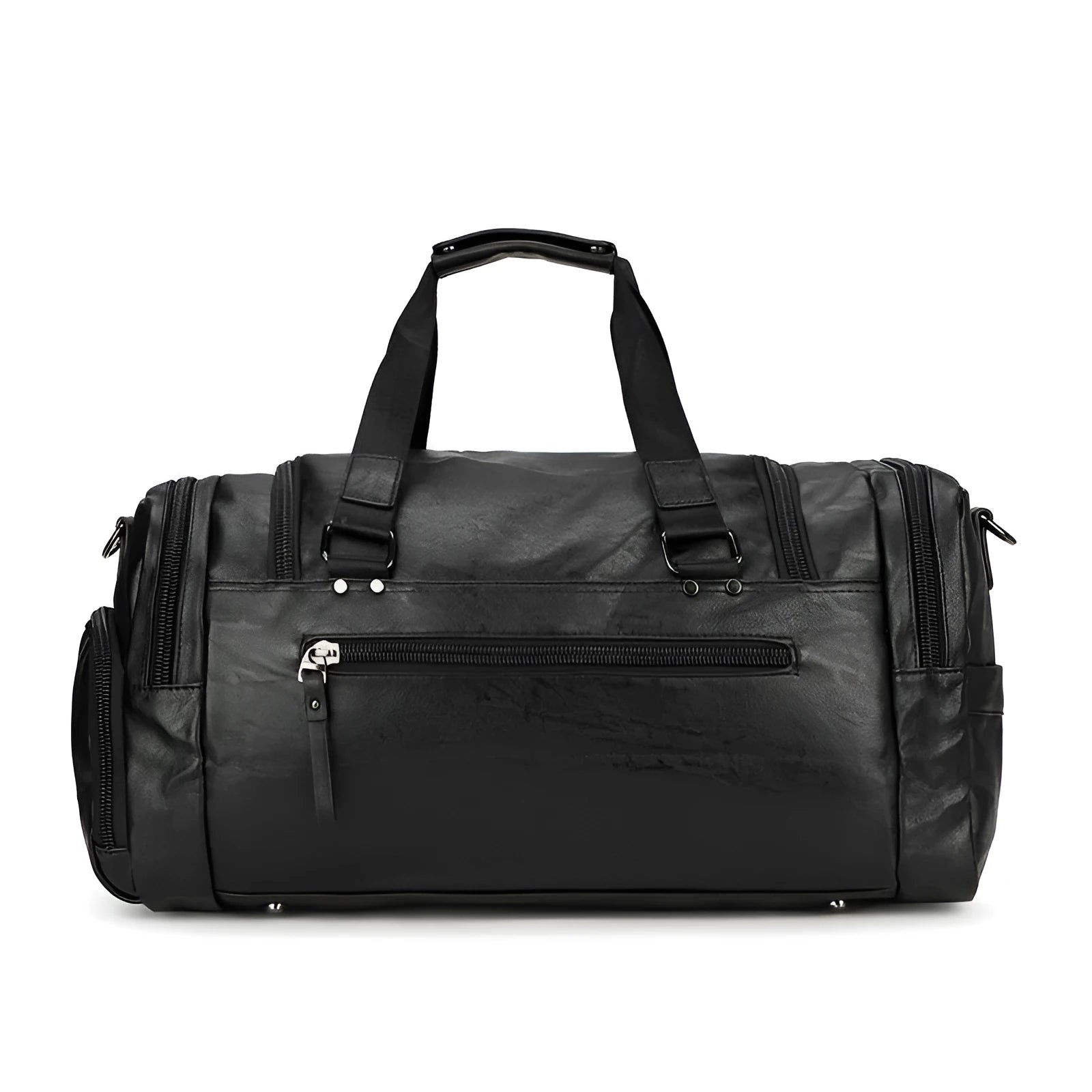 Large black PU travel bag with separate shoe compartment, dimensions 52cm by 19cm by 27cm