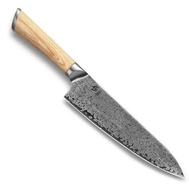 Damascus steel kitchen knife 8-piece set with V gold core and visible 67-layer patterning
