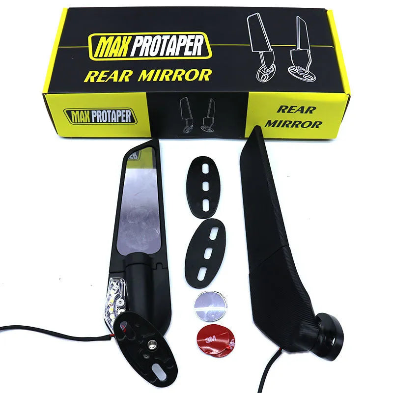 SH-620-5 motorcycle rearview mirror with yellow LED light, aluminium alloy housing, and convex glass lens.