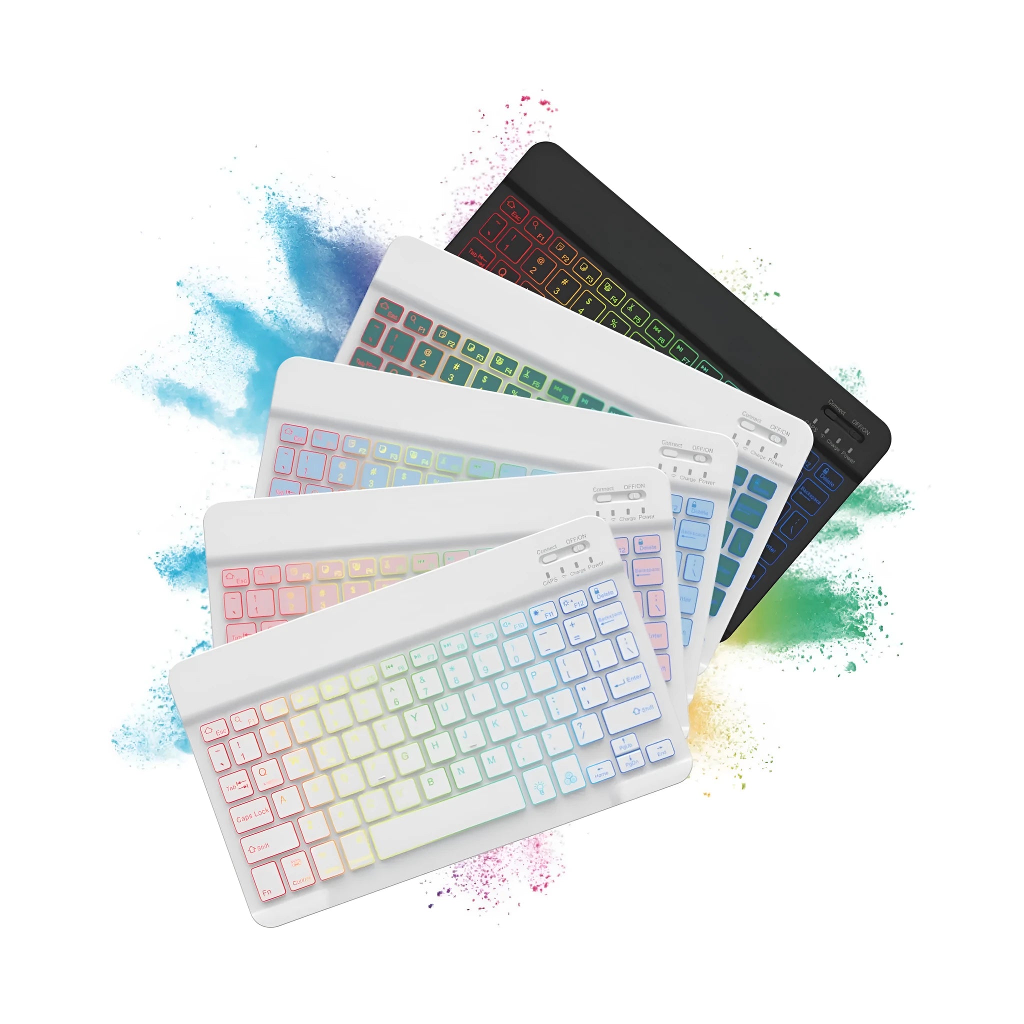10-inch wireless Bluetooth keyboard with colourful backlit keys shown in a selection of case colours.