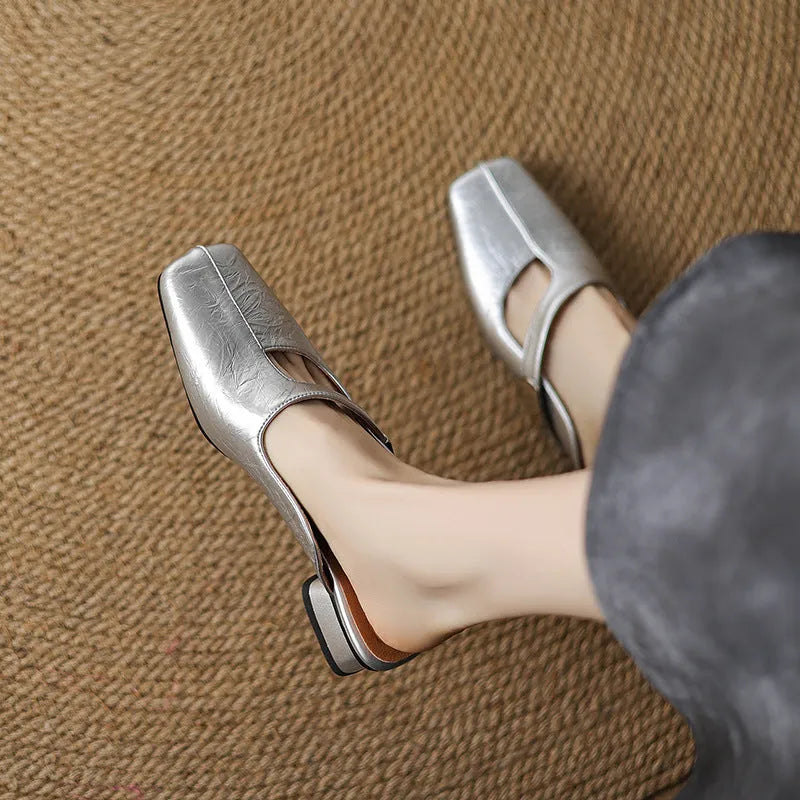 British-style square toe outdoor slippers in black, beige, and silver colours with low heel design