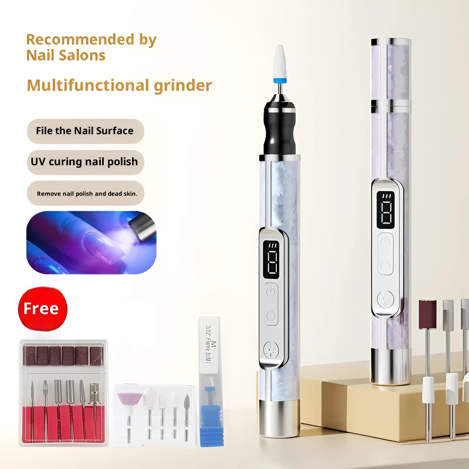 LCD Display 2-in-1 Polishing and Baking Lamp Electric Nail Grinder in white plastic