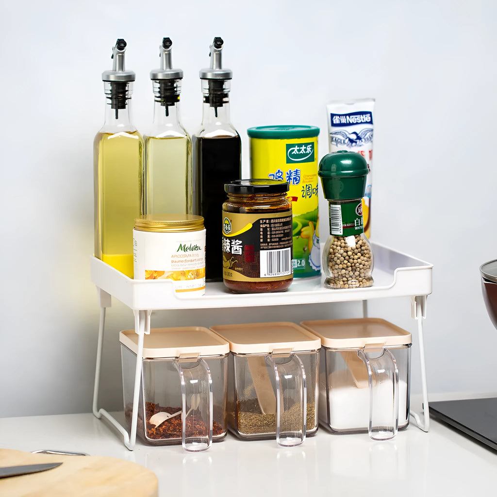 Plastic kitchen storage rack in transparent or white for cabinet and countertop organisation