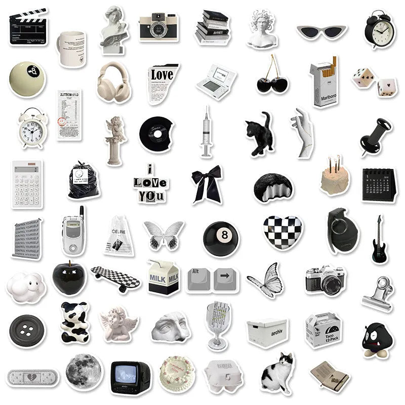 61 black and white PVC waterproof vinyl stickers for laptops, phones, and luggage.