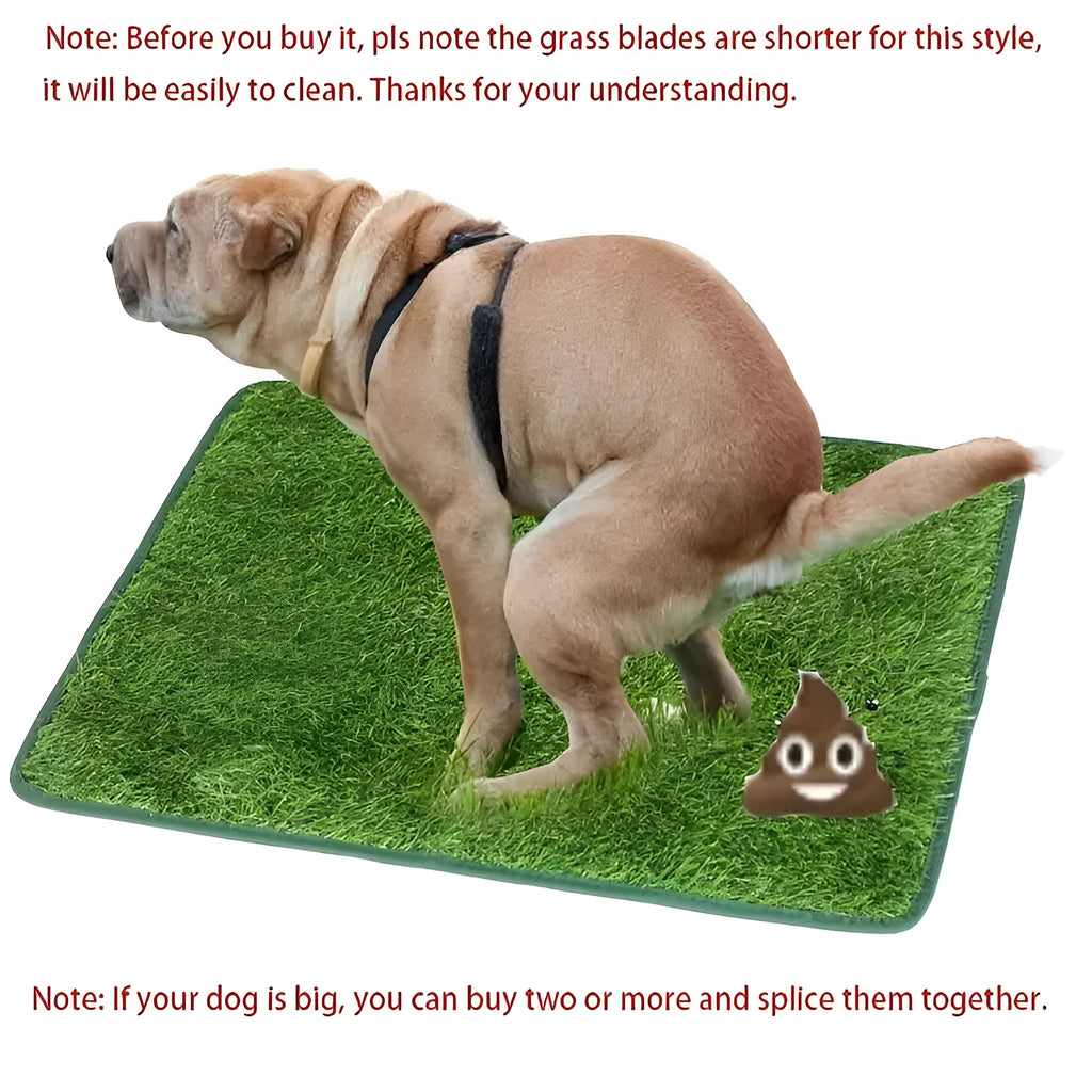 Artificial grass dog toilet training mat with drainage holes and rubber backing in three size options.