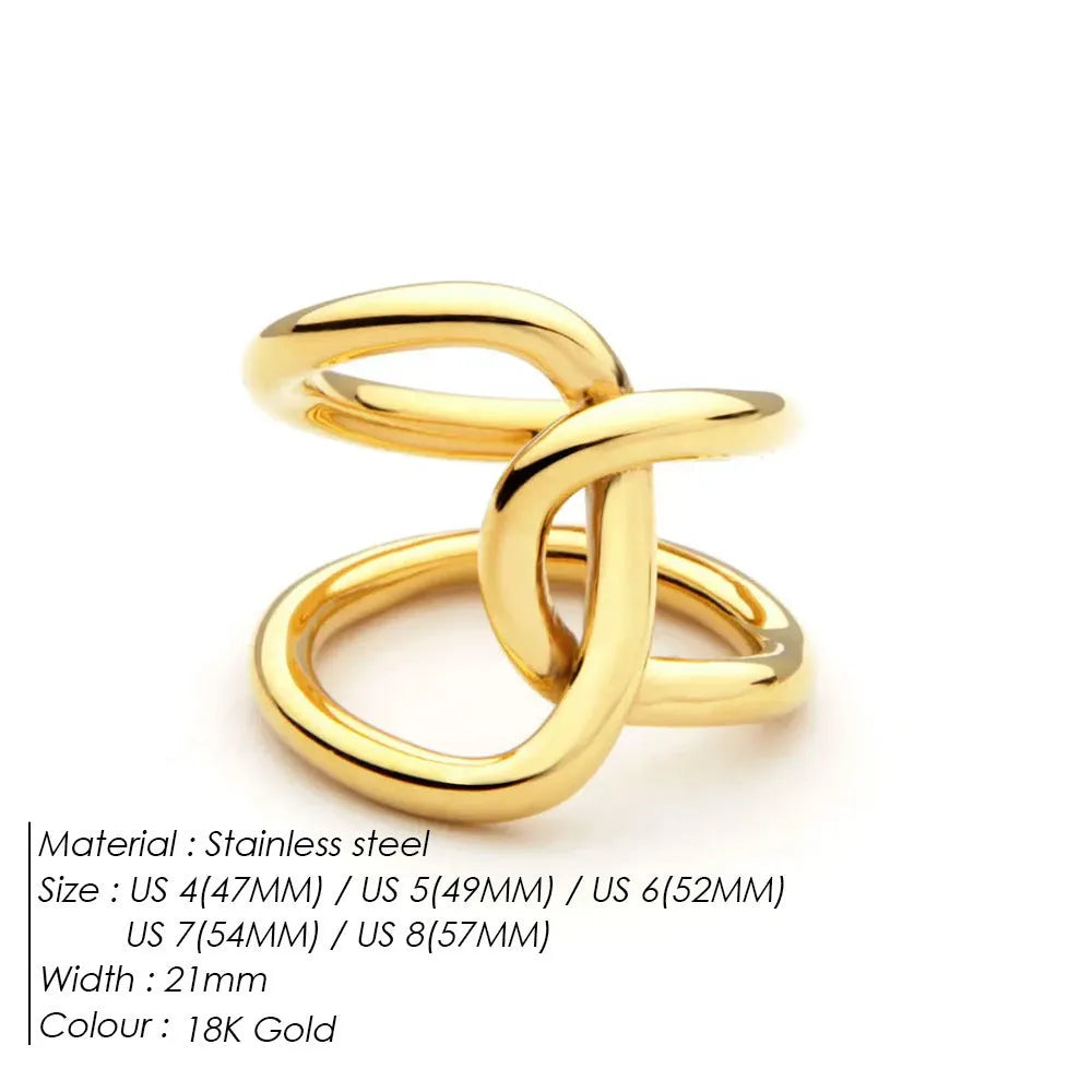 Adjustable open knot ring for women in stainless steel, showing geometric U-shape design in gold or steel colour.