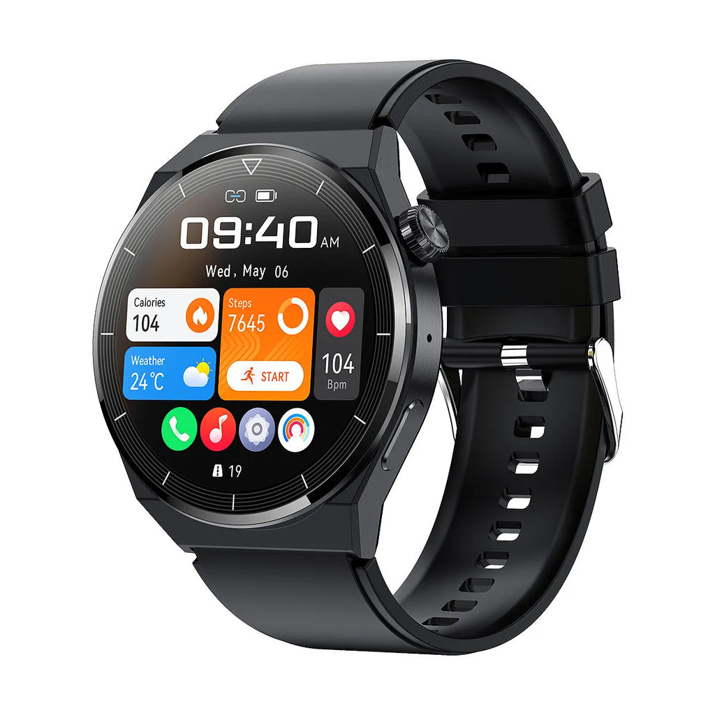 Round Bluetooth smart watch with NFC on a black silicone strap, showing call screen.