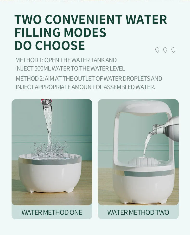White anti-gravity water droplet humidifier with 500ml tank on a desk.