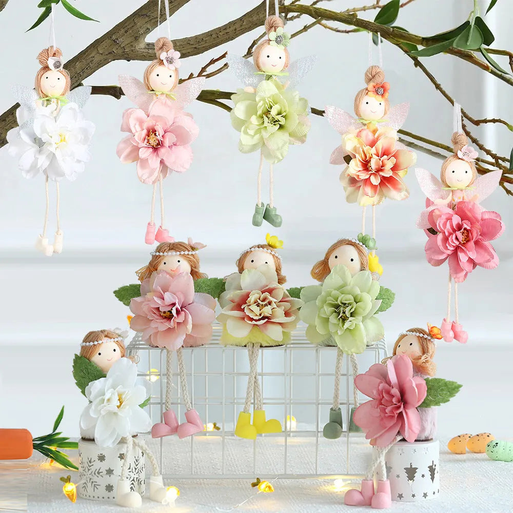 FARCENT cloth flower angel elf Easter pendant decoration in dark pink, pink, green, or yellow colours
