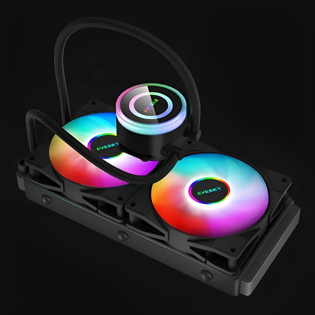 Aluminium CPU liquid cooling radiator with RGB illuminated fans mounted in a gaming PC case.