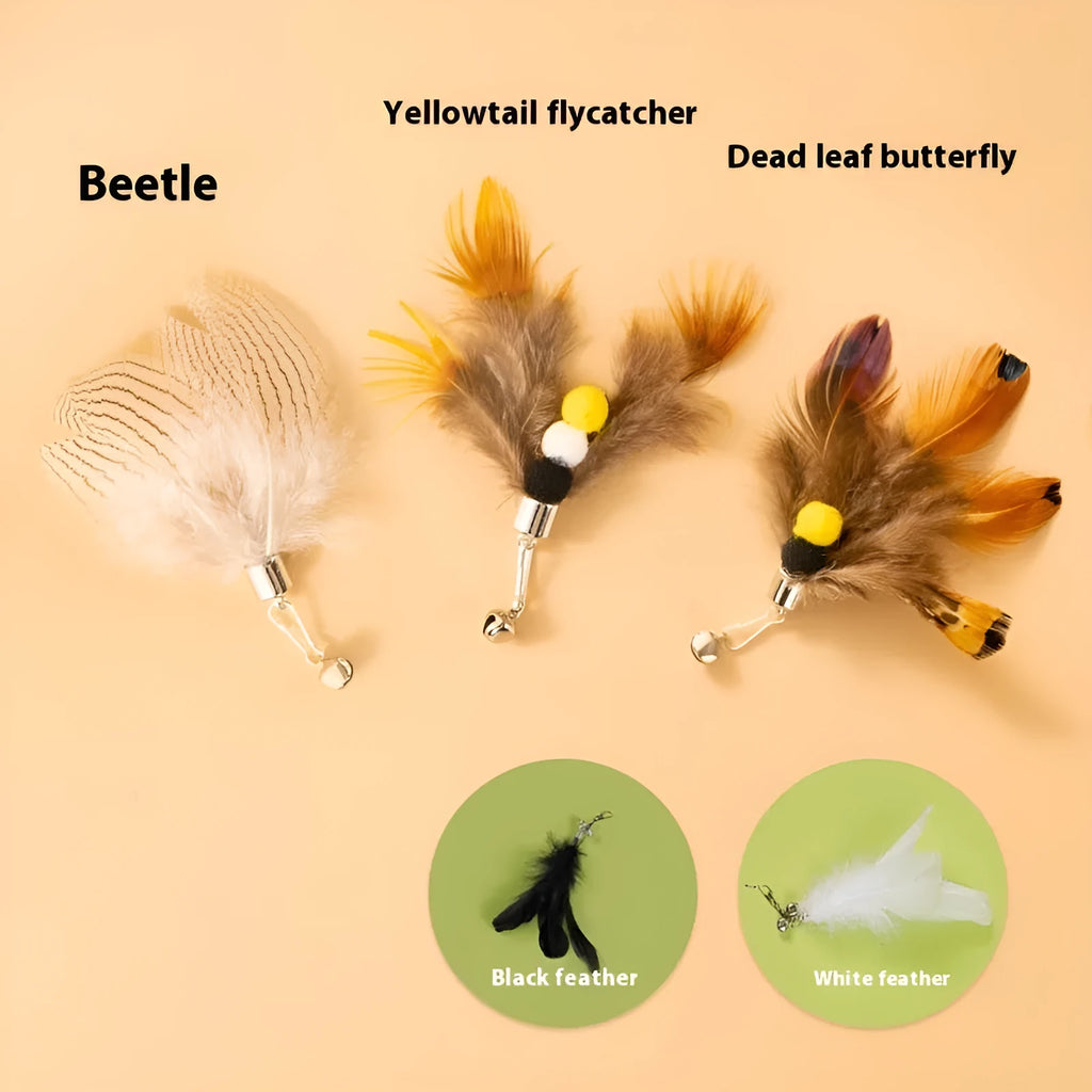 Three steel wire cat toy replacement heads with flying insect designs in different colours