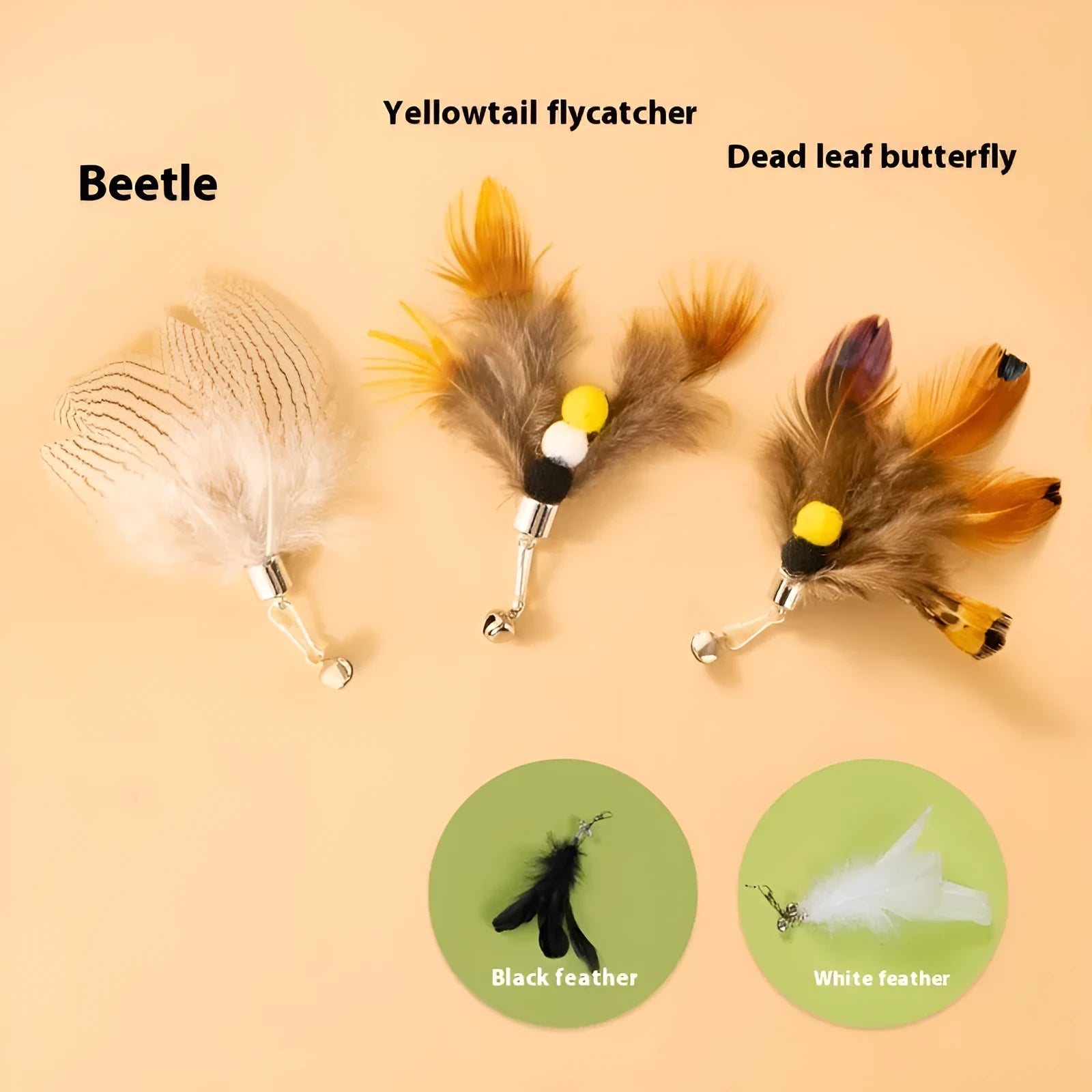 Three steel wire cat toy replacement heads with flying insect designs in different colours
