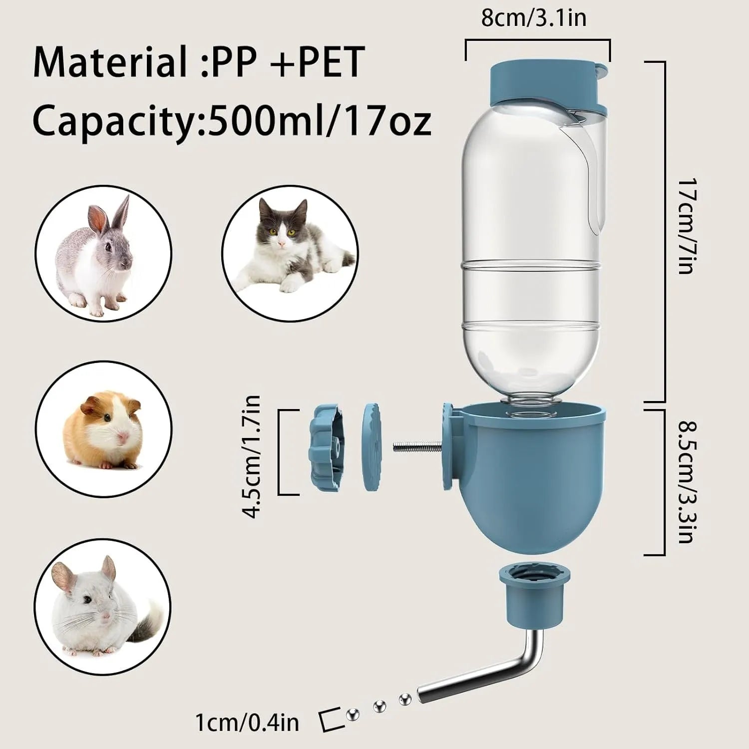 Blue small animal water bottle with rotatable nozzle attached to cage wire