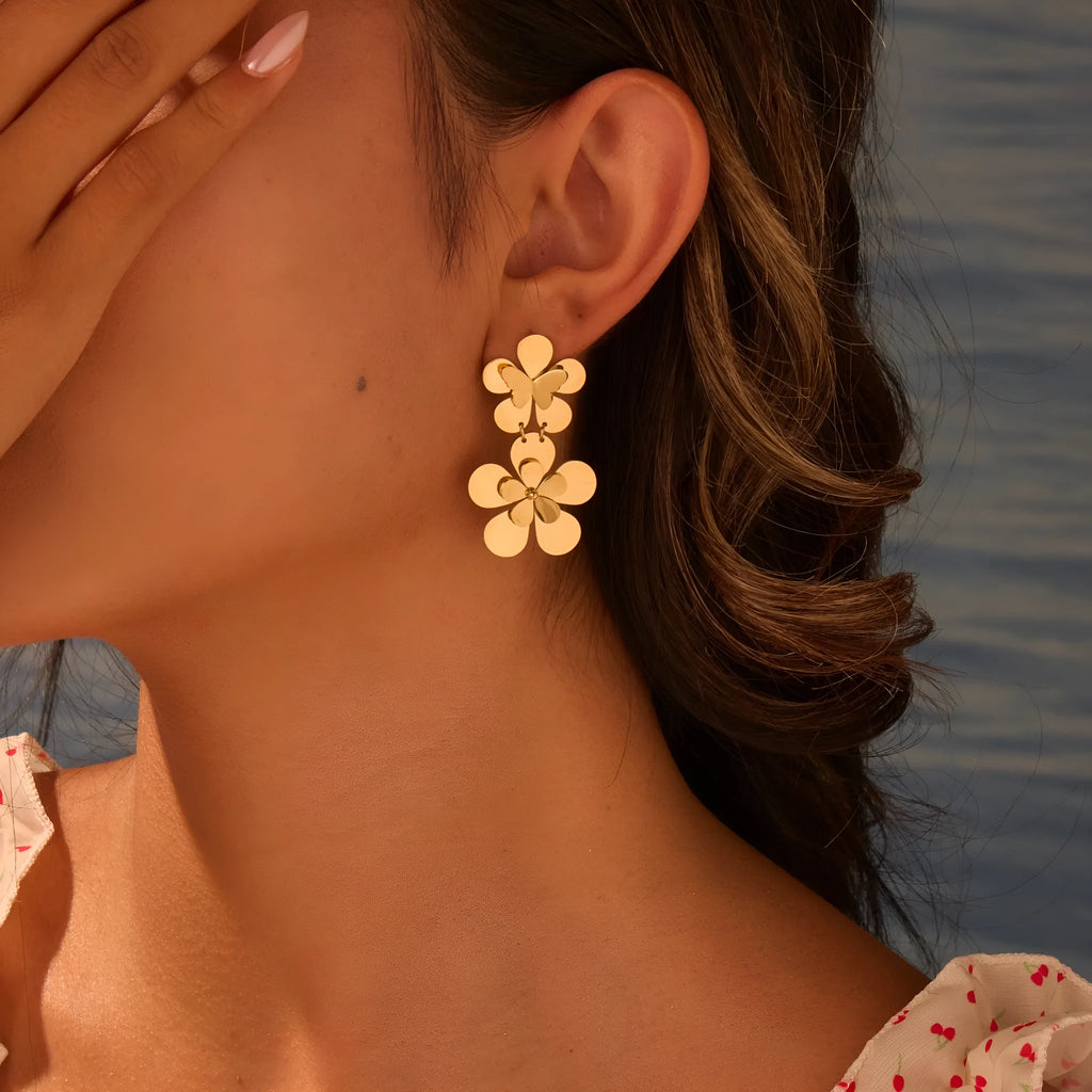 Gold flower butterfly stainless steel earrings with 18K plating for women