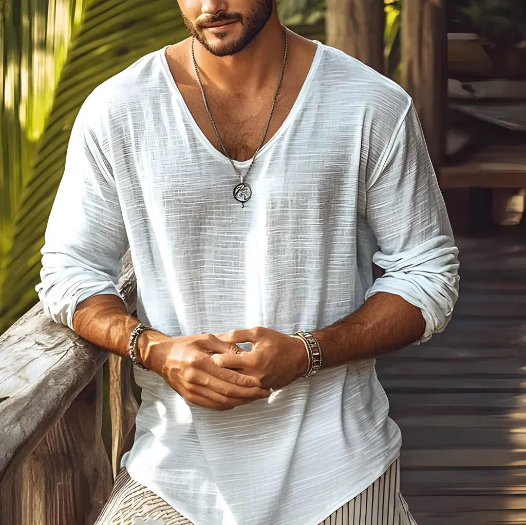 Men's beige slim fit V-neck long sleeve t-shirt laid flat
