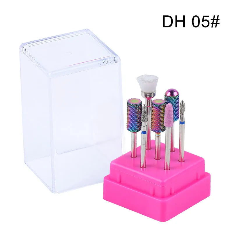 Tungsten steel nail drill polishing head set with seven pieces in a clear case.