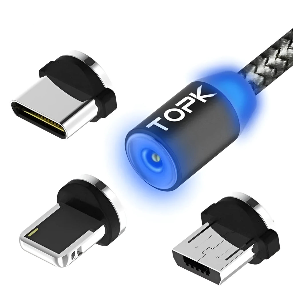 Magnetic charging cable with three separate plugs for Apple, Android and Type-C phones