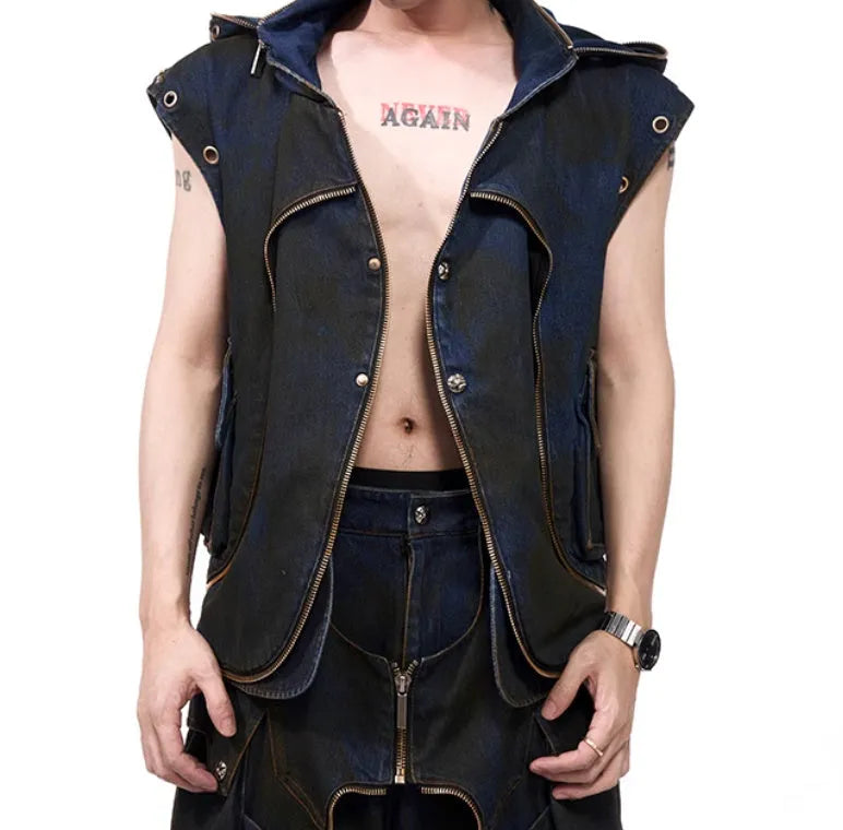 Blue hooded denim vest and matching trousers set with front zipper closure in Korean style