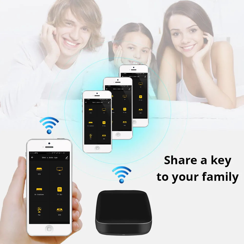 Black universal infrared remote control with voice control and WiFi connectivity for home automation