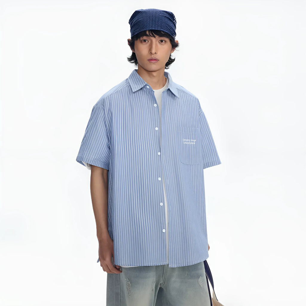Blue and white striped short-sleeved cardigan-style shirt on a hanger