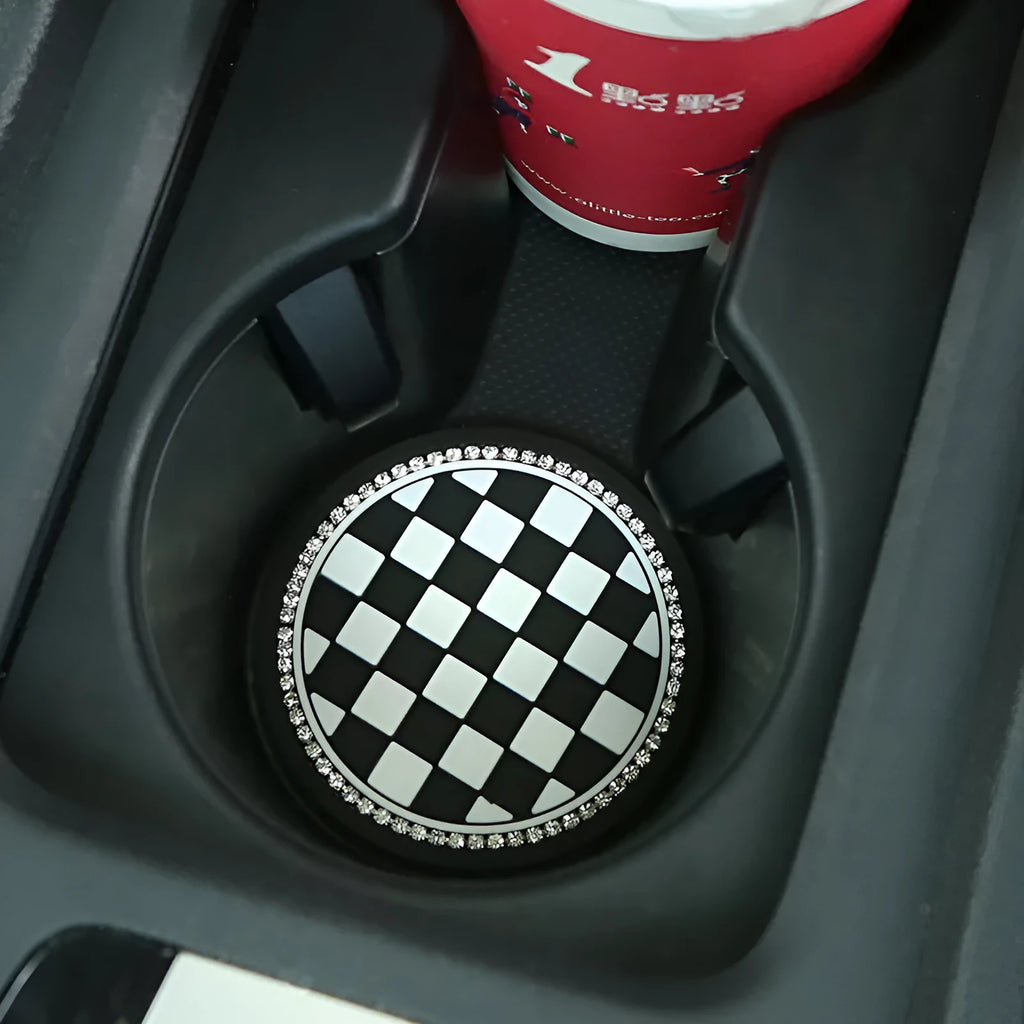 Plastic car cup mat coaster with universal fit and non-slip PVC base in four pattern designs