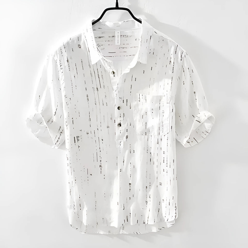 Men's loose fit short sleeve polo shirt in black, shown on a hanger.