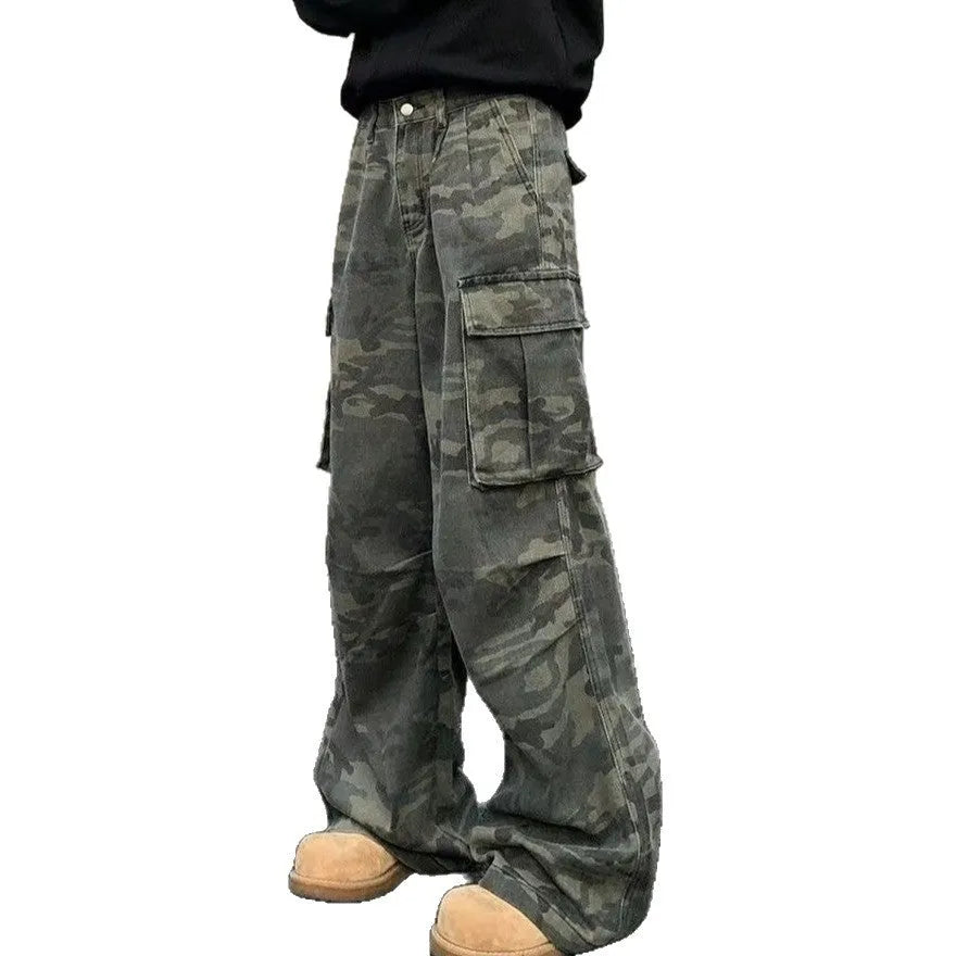 American vintage washed camouflage cotton blend cargo pants with multiple pockets on a mid waist.
