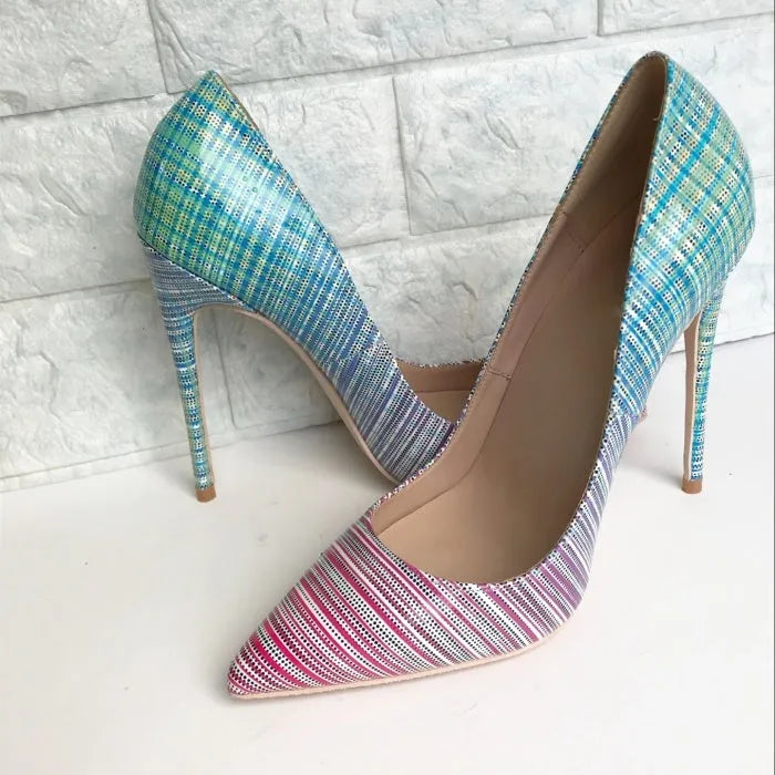 Women's gradient pink and blue patent leather pointed toe high heels with rubber sole