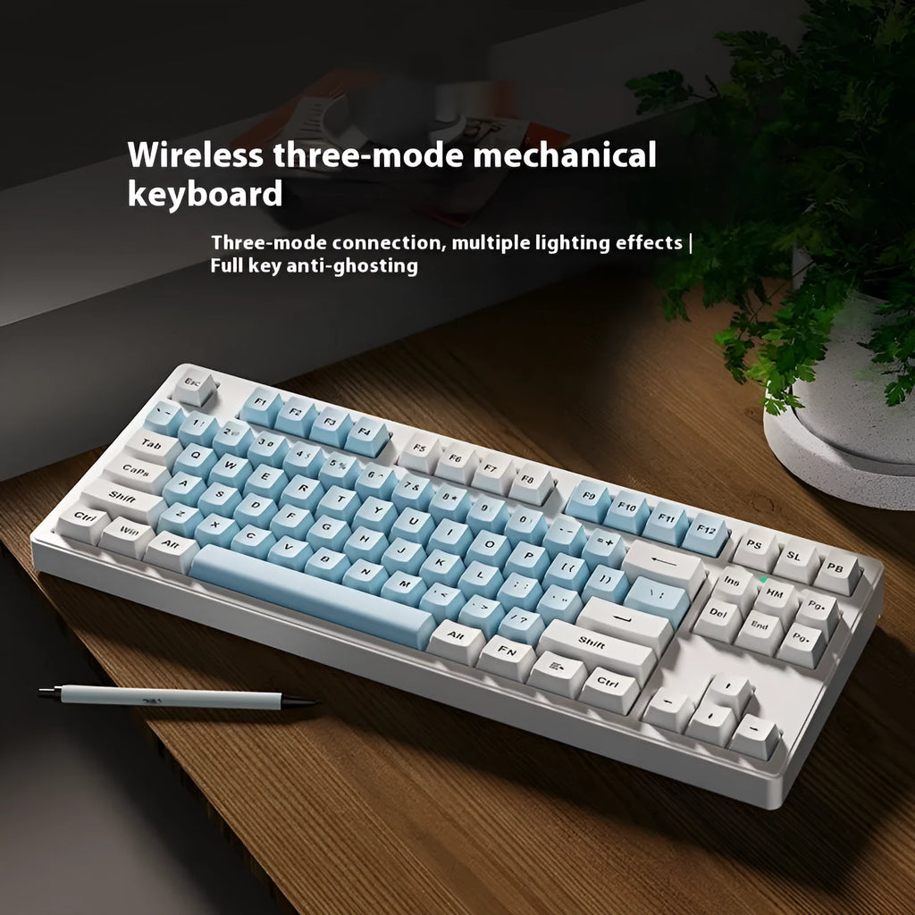 Office Game wireless mechanical keyboard showing colour options and 87-key or 108-key layouts