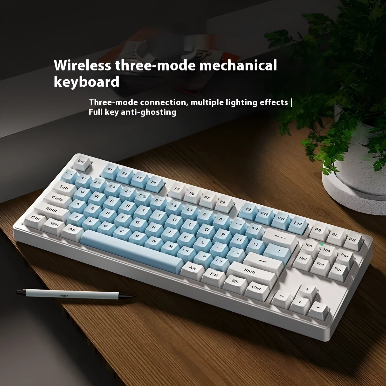 Office Game wireless mechanical keyboard showing colour options and 87-key or 108-key layouts