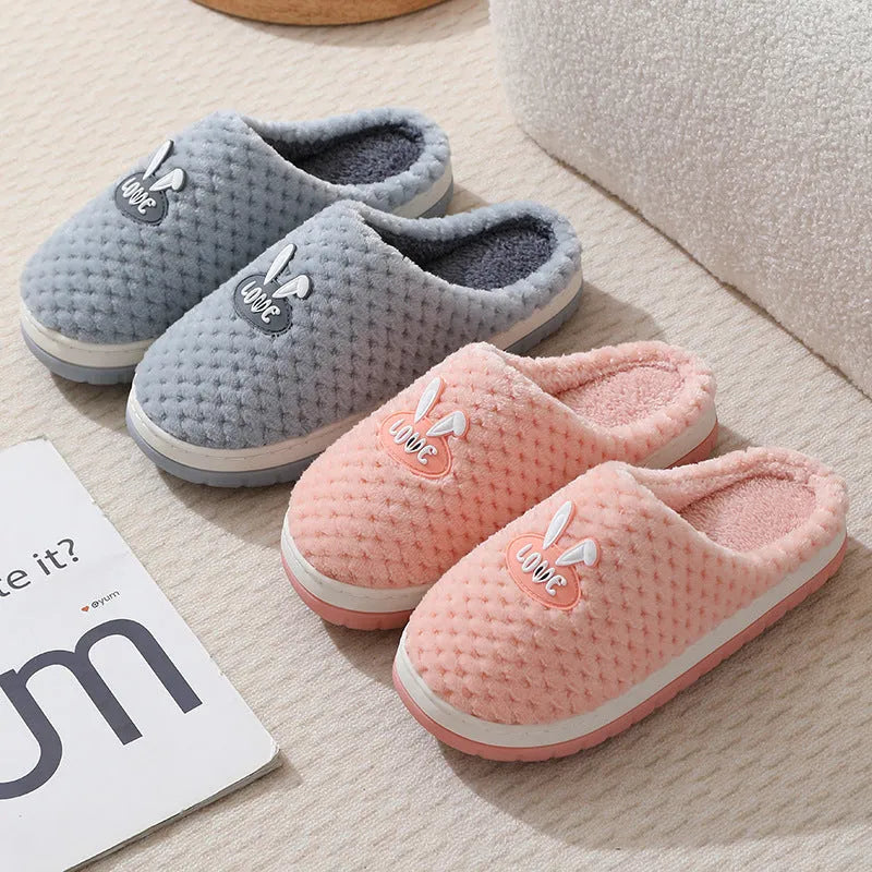Women's rabbit plaid design artificial fur house slippers with thick non-slip rubber sole