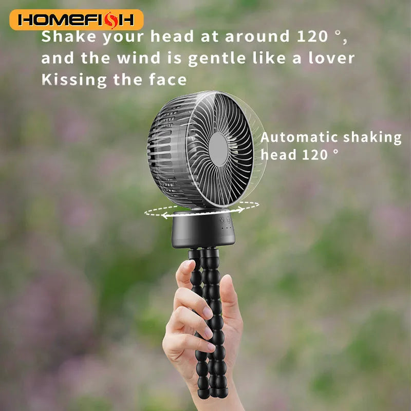 HOMEFISH F2 automatic shake head fan with LED light and removable bracket on a table.