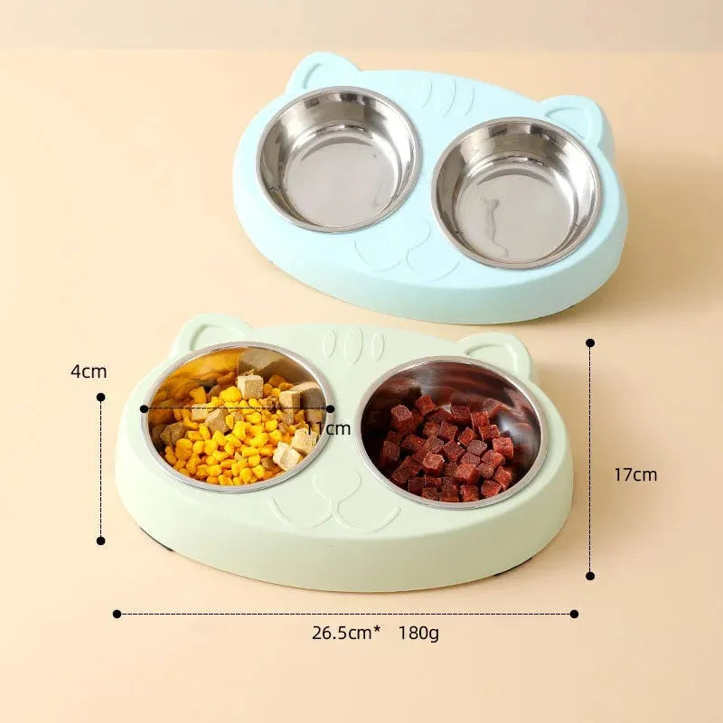 Blue macaron-shaped plastic pet feeding tray with two bowls and non-slip rubber feet