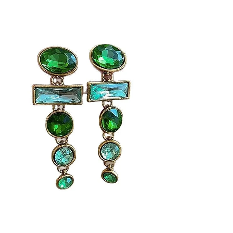 A pair of green gradient geometric alloy earrings with tassels and a zircon stone, shown on a white background.